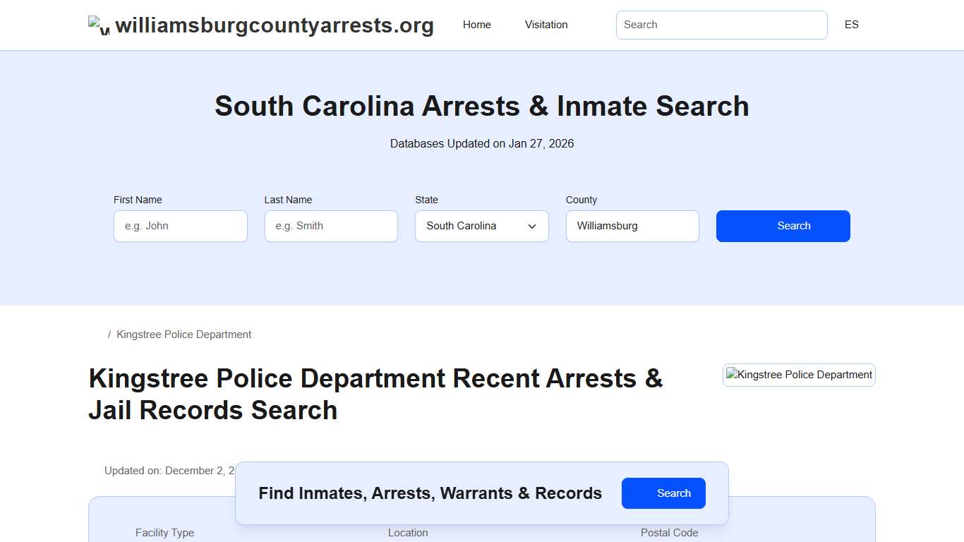 Kingstree Police Department, SC Arrests, Records, Jail Roster Lookup