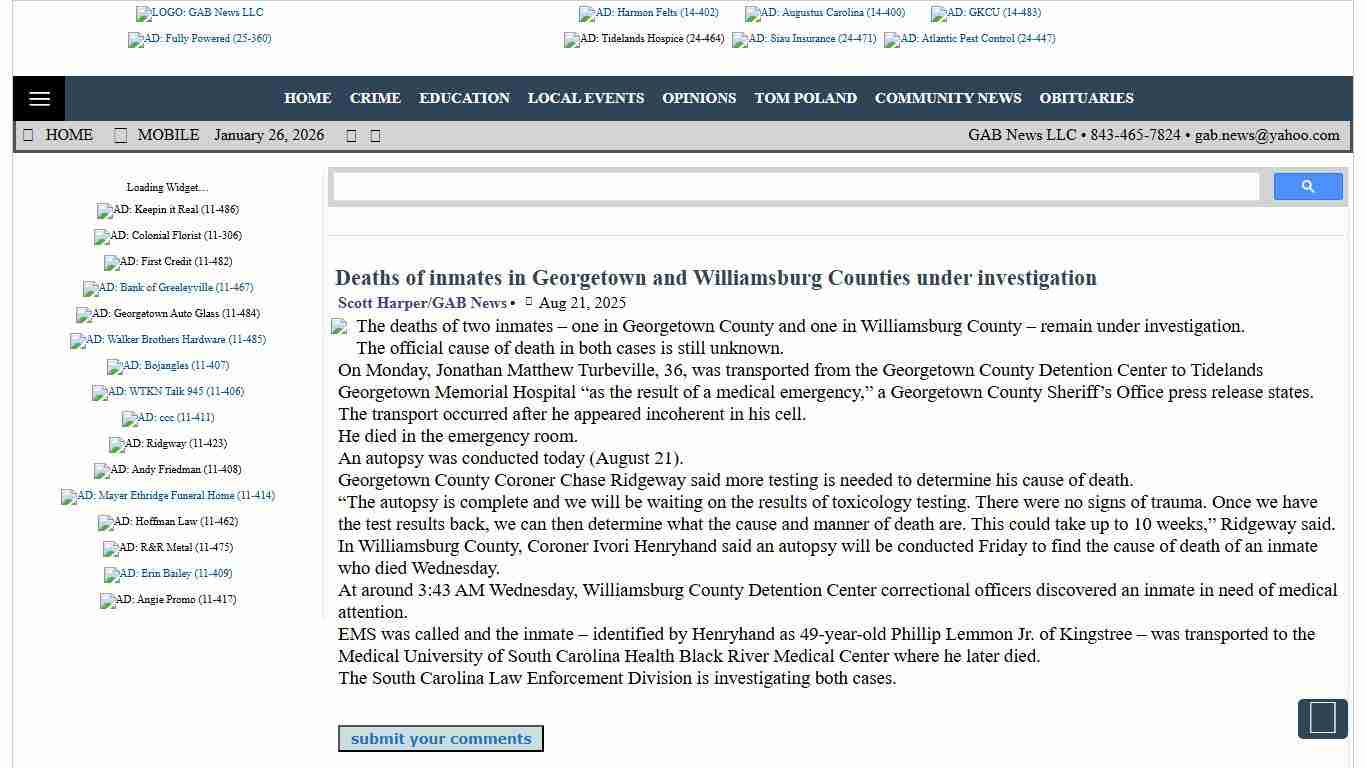 Deaths of inmates in Georgetown and Williamsburg Counties un